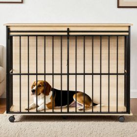 Dog Crate Furniture , Large Dog Cage Furniture with Tray for Medium Large Dogs, Wooden Dog Kennel Furniture (Main Color: Black+Natural, Main Material: MDF+Iron)